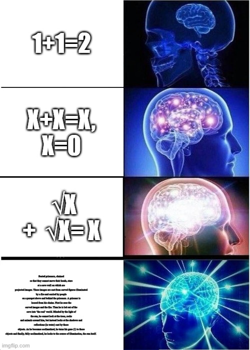 Expanding Brain Meme | 1+1=2; X+X=X, X=0; √X +  √X= X; Seated prisoners, chained so that they cannot move their heads, stare at a cave wall on which are
projected images. These images are cast from carved figures illuminated by a fire and carried by people
on a parapet above and behind the prisoners. A prisoner is loosed from his chains. First he sees the
carved images and the fire. Then he is led out of the cave into ‘the real’ world. Blinded by the light of
the sun, he cannot look at the trees, rocks and animals around him, but instead looks at the shadows and
reflections (in water) cast by those objects. As he becomes acclimatized, he turns his gaze (1) to those
objects and finally, fully acclimatized, he looks to the source of illumination, the sun itself. | image tagged in memes,expanding brain | made w/ Imgflip meme maker