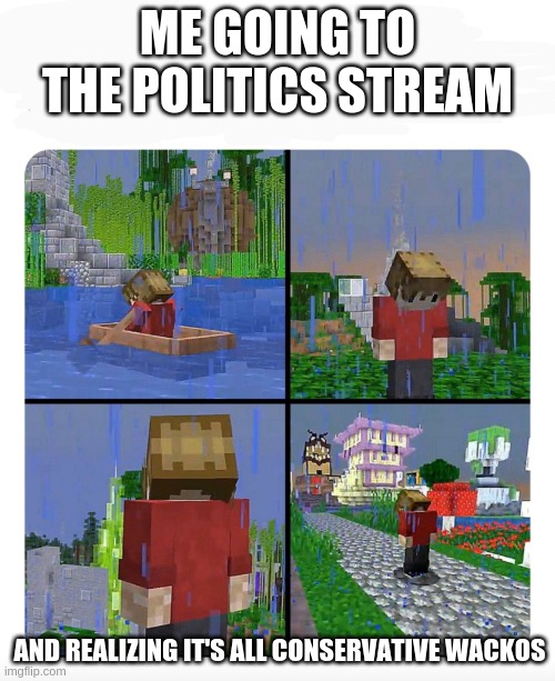 Sad Grian | ME GOING TO THE POLITICS STREAM; AND REALIZING IT'S ALL CONSERVATIVE WACKOS | image tagged in sad grian,politics,stupid conservatives,trump card,green party,ndp | made w/ Imgflip meme maker