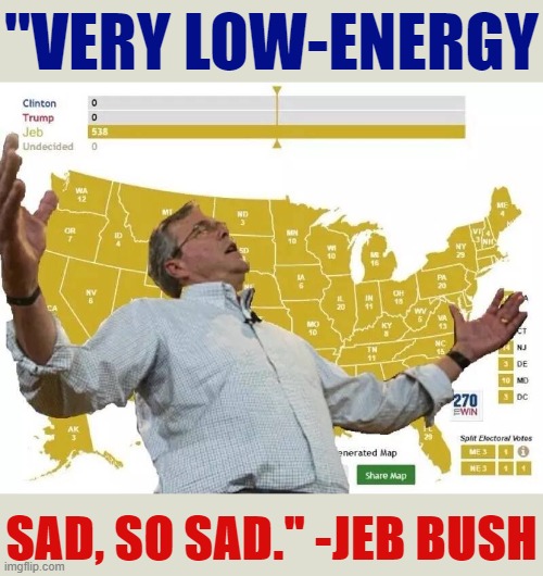 Jeb cringes at Trump's low energy. | "VERY LOW-ENERGY; SAD, SO SAD." -JEB BUSH | image tagged in jeb bush wins | made w/ Imgflip meme maker