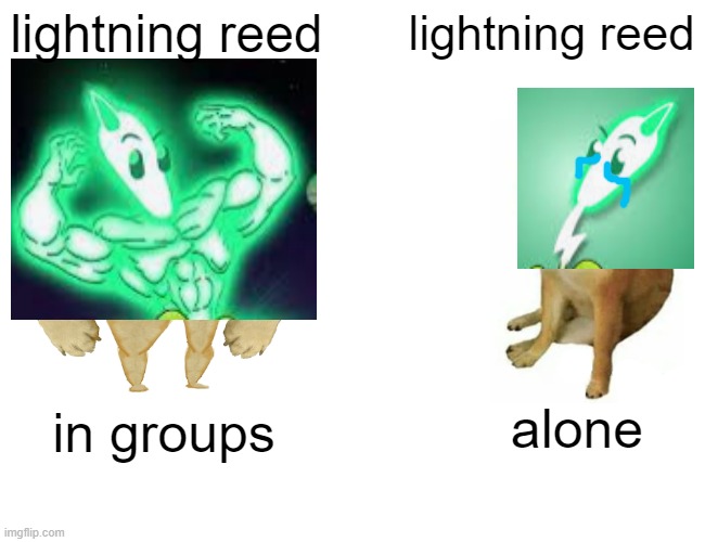 lightning reed | lightning reed; lightning reed; alone; in groups | image tagged in memes,buff doge vs cheems | made w/ Imgflip meme maker
