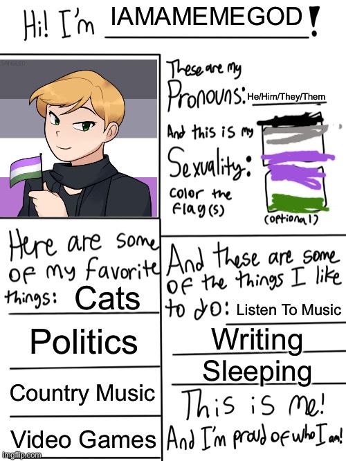 My Profile Take 2 | IAMAMEMEGOD; He/Him/They/Them; Cats; Listen To Music; Politics; Writing; Sleeping; Country Music; Video Games | image tagged in lgbtq stream account profile | made w/ Imgflip meme maker