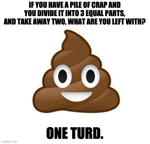 A rather crappy meme | IF YOU HAVE A PILE OF CRAP AND YOU DIVIDE IT INTO 3 EQUAL PARTS, AND TAKE AWAY TWO, WHAT ARE YOU LEFT WITH? ONE TURD. | image tagged in crap | made w/ Imgflip meme maker