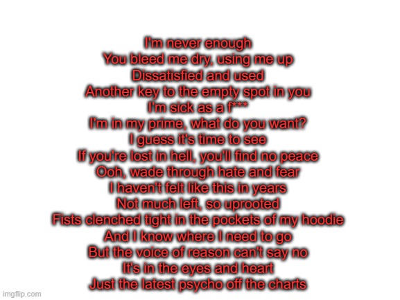 nero forte | I'm never enough
You bleed me dry, using me up
Dissatisfied and used
Another key to the empty spot in you
I'm sick as a f***
I'm in my prime, what do you want?
I guess it's time to see
If you're lost in hell, you'll find no peace
Ooh, wade through hate and fear
I haven't felt like this in years
Not much left, so uprooted
Fists clenched tight in the pockets of my hoodie
And I know where I need to go
But the voice of reason can't say no
It's in the eyes and heart
Just the latest psycho off the charts | image tagged in blank white template | made w/ Imgflip meme maker