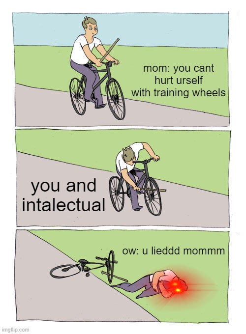 Bike Fall | mom: you cant hurt urself with training wheels; you and intalectual; ow: u lieddd mommm | image tagged in memes,bike fall | made w/ Imgflip meme maker