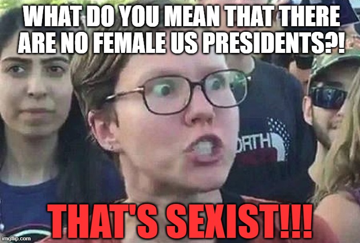 Triggered Liberal | WHAT DO YOU MEAN THAT THERE ARE NO FEMALE US PRESIDENTS?! THAT'S SEXIST!!! | image tagged in triggered liberal,memes,sexism | made w/ Imgflip meme maker