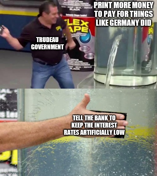 Flex Tape | PRINT MORE MONEY TO PAY FOR THINGS LIKE GERMANY DID; TRUDEAU GOVERNMENT; TELL THE BANK TO KEEP THE INTEREST RATES ARTIFICIALLY LOW | image tagged in flex tape,ZeducationSubmissions | made w/ Imgflip meme maker