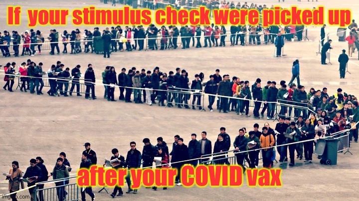 Solves 2 problems | If  your stimulus check were picked up; after your COVID vax | image tagged in covid19,vaccination,stimulus check,antivaxers | made w/ Imgflip meme maker