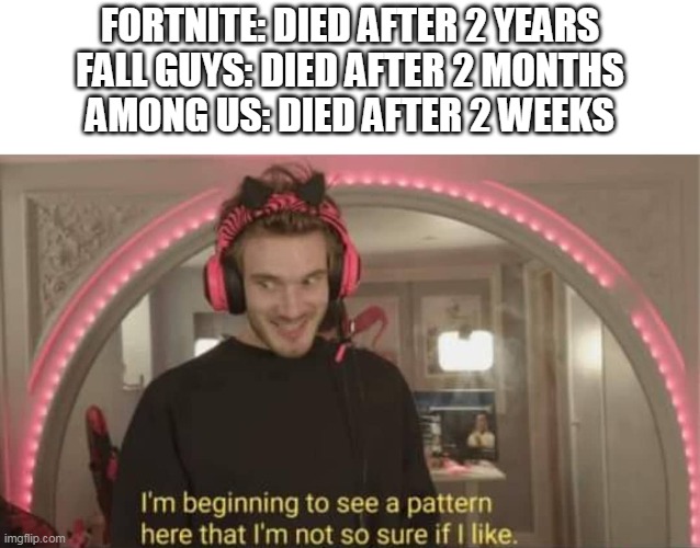 r/Gaming | FORTNITE: DIED AFTER 2 YEARS
FALL GUYS: DIED AFTER 2 MONTHS
AMONG US: DIED AFTER 2 WEEKS | image tagged in i'm beginning to see a pattern here,fortnite,fall guys,among us,gaming,shitpost | made w/ Imgflip meme maker