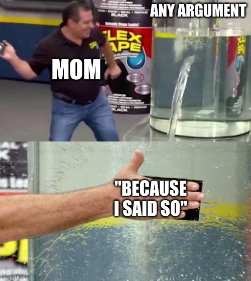 Flex Tape | ANY ARGUMENT; MOM; "BECAUSE I SAID SO" | image tagged in flex tape,Memes_Of_The_Dank | made w/ Imgflip meme maker