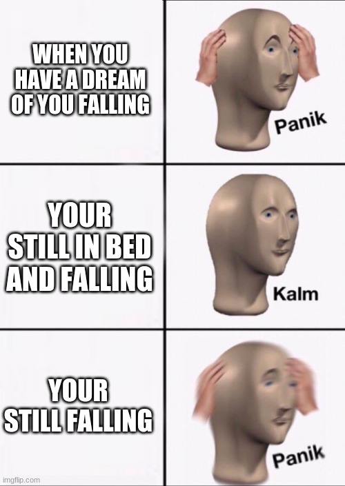 Stonks Panic Calm Panic | WHEN YOU HAVE A DREAM OF YOU FALLING; YOUR STILL IN BED AND FALLING; YOUR STILL FALLING | image tagged in stonks panic calm panic | made w/ Imgflip meme maker