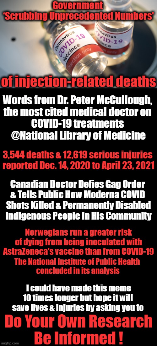 YOUR Body, YOUR Choice As The Left So Often Reminds Us... | Government 
‘Scrubbing Unprecedented Numbers'; of injection-related deaths; Words from Dr. Peter McCullough, 
the most cited medical doctor on 
COVID-19 treatments 
@National Library of Medicine; 3,544 deaths & 12,619 serious injuries 
reported Dec. 14, 2020 to April 23, 2021; Canadian Doctor Defies Gag Order 

& Tells Public How Moderna COVID 
Shots Killed & Permanently Disabled
Indigenous People in His Community; Norwegians run a greater risk of dying from being inoculated with AstraZeneca's vaccine than from COVID-19; The National Institute of Public Health 
concluded in its analysis; I could have made this meme
10 times longer but hope it will 
save lives & injuries by asking you to; Do Your Own Research
Be Informed ! | image tagged in politics,covid-19,danger,injuries,deaths,psa | made w/ Imgflip meme maker