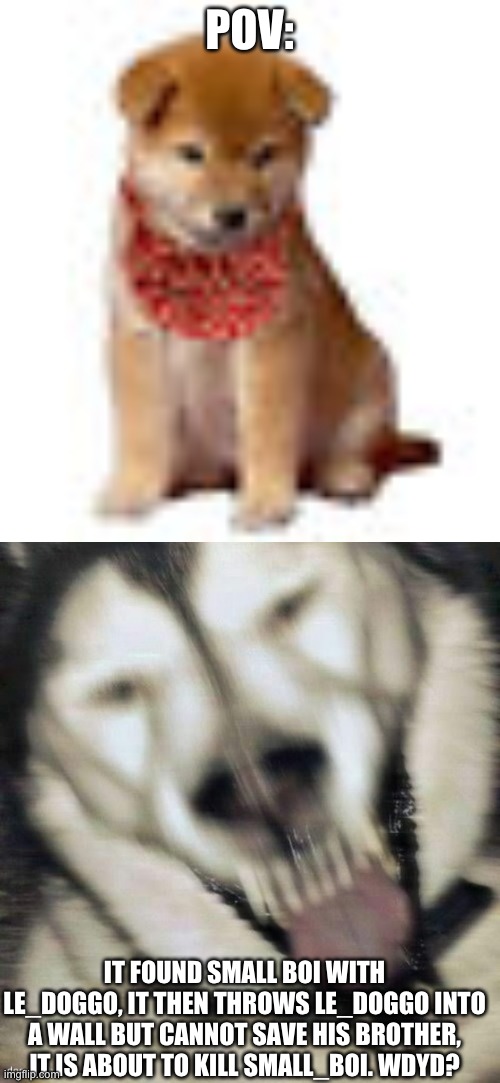 POV:; IT FOUND SMALL BOI WITH LE_DOGGO, IT THEN THROWS LE_DOGGO INTO A WALL BUT CANNOT SAVE HIS BROTHER, IT IS ABOUT TO KILL SMALL_BOI. WDYD? | made w/ Imgflip meme maker