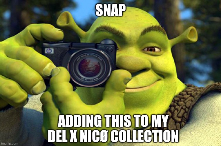 shrek camera | SNAP ADDING THIS TO MY DEL X NICØ COLLECTION | image tagged in shrek camera | made w/ Imgflip meme maker