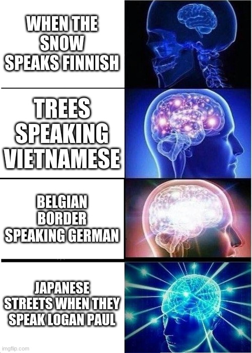 Expanding Brain | WHEN THE SNOW SPEAKS FINNISH; TREES SPEAKING VIETNAMESE; BELGIAN BORDER SPEAKING GERMAN; JAPANESE STREETS WHEN THEY SPEAK LOGAN PAUL | image tagged in memes,expanding brain | made w/ Imgflip meme maker