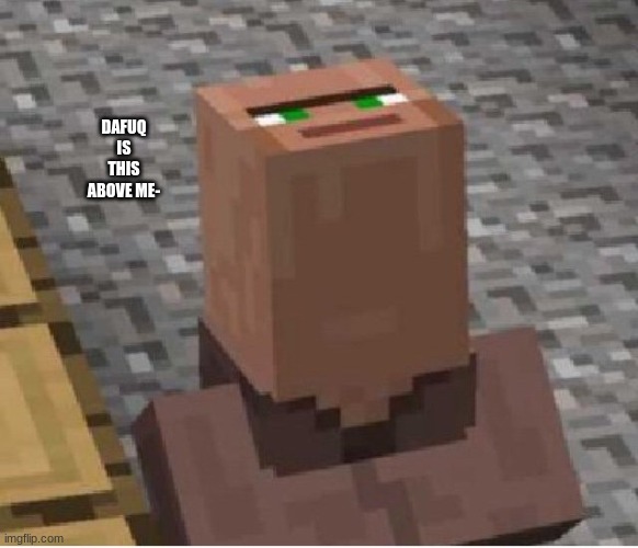 Minecraft Villager Looking Up | DAFUQ IS THIS ABOVE ME- | image tagged in minecraft villager looking up | made w/ Imgflip meme maker