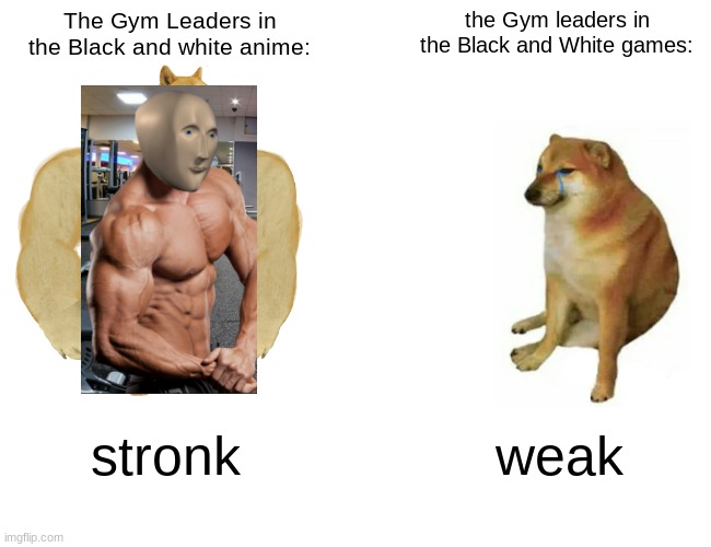 Buff Doge vs. Cheems | The Gym Leaders in the Black and white anime:; the Gym leaders in the Black and White games:; stronk; weak | image tagged in memes,buff doge vs cheems | made w/ Imgflip meme maker