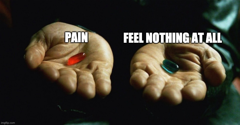 you must choose | PAIN; FEEL NOTHING AT ALL | image tagged in red pill blue pill | made w/ Imgflip meme maker
