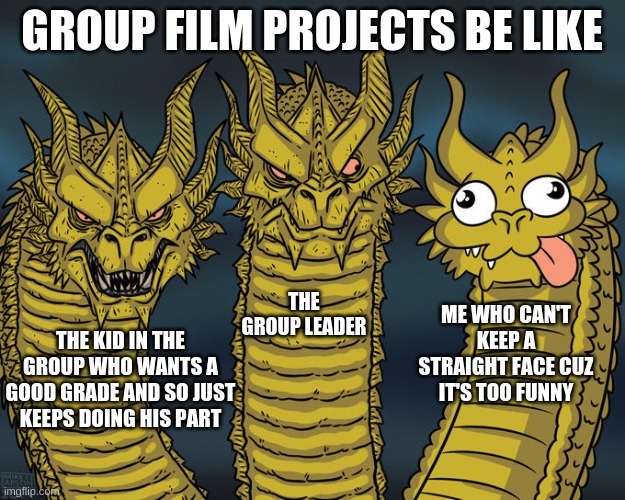 me every group project at school...XD (no upvotes plz) | GROUP FILM PROJECTS BE LIKE; THE GROUP LEADER; ME WHO CAN'T KEEP A STRAIGHT FACE CUZ IT'S TOO FUNNY; THE KID IN THE GROUP WHO WANTS A GOOD GRADE AND SO JUST KEEPS DOING HIS PART | image tagged in three-headed dragon,group projects,be like,school | made w/ Imgflip meme maker