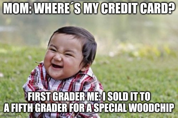 First Graders | MOM: WHERE´S MY CREDIT CARD? FIRST GRADER ME: I SOLD IT TO A FIFTH GRADER FOR A SPECIAL WOODCHIP | image tagged in memes,evil toddler | made w/ Imgflip meme maker