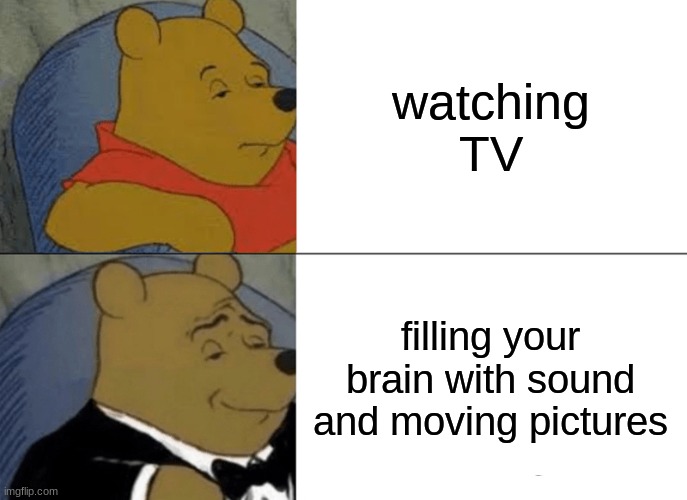 staring at a screen be like | watching TV; filling your brain with sound and moving pictures | image tagged in memes,tuxedo winnie the pooh | made w/ Imgflip meme maker