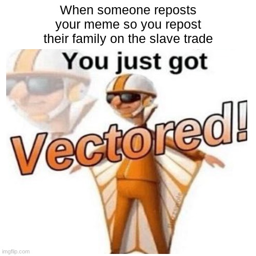 lol | When someone reposts your meme so you repost their family on the slave trade | image tagged in you just got vectored | made w/ Imgflip meme maker