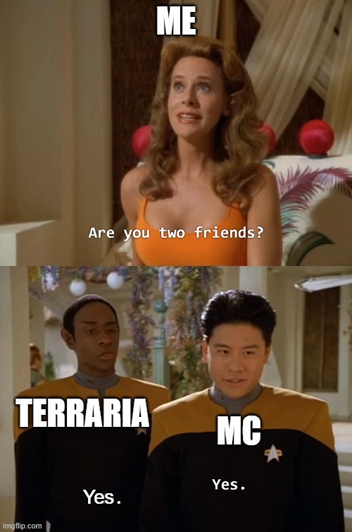 Are you two friends? | ME; MC; TERRARIA; Yes | image tagged in are you two friends | made w/ Imgflip meme maker