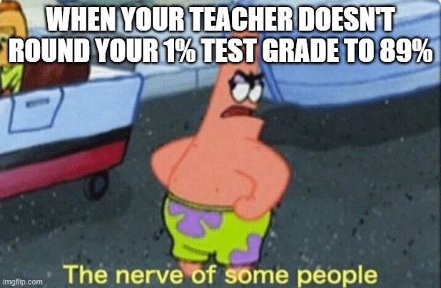 Patrick the nerve of some people | WHEN YOUR TEACHER DOESN'T ROUND YOUR 1% TEST GRADE TO 89% | image tagged in patrick the nerve of some people | made w/ Imgflip meme maker