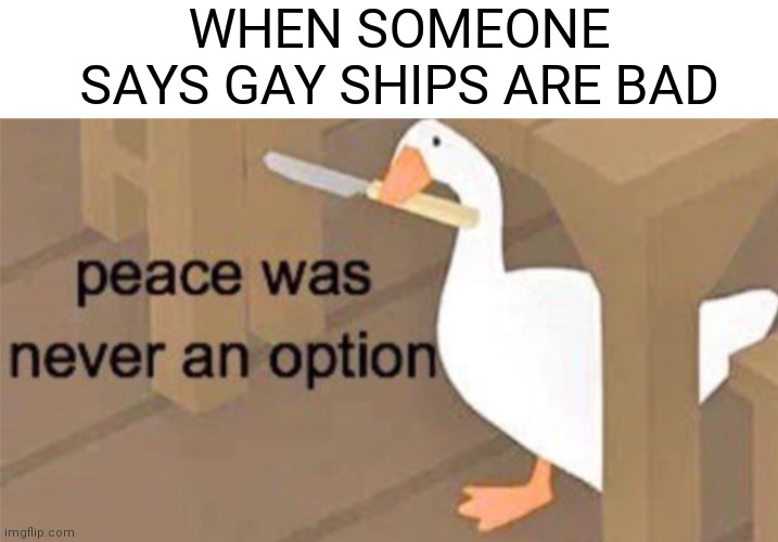 Gay is the way? | WHEN SOMEONE SAYS GAY SHIPS ARE BAD | image tagged in blank white template,untitled goose peace was never an option | made w/ Imgflip meme maker