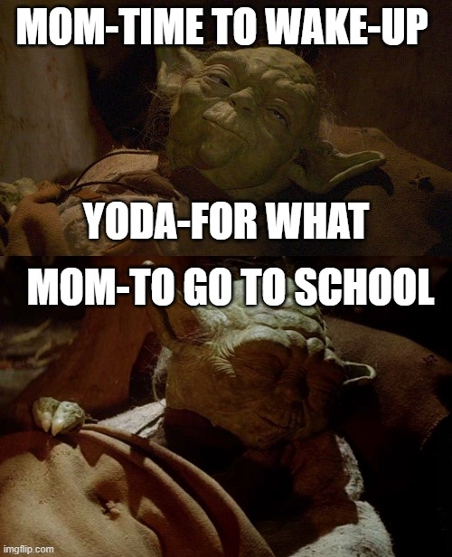 Origins of Yoda | MOM-TIME TO WAKE-UP; YODA-FOR WHAT; MOM-TO GO TO SCHOOL | image tagged in star wars yoda,no school | made w/ Imgflip meme maker
