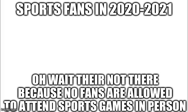 Sports in 2020-2021 | SPORTS FANS IN 2020-2021; OH WAIT THEIR NOT THERE BECAUSE NO FANS ARE ALLOWED TO ATTEND SPORTS GAMES IN PERSON | image tagged in white background | made w/ Imgflip meme maker