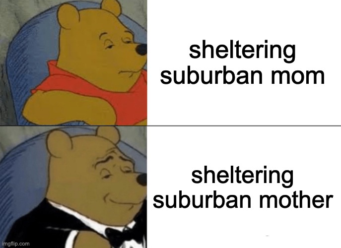 Tuxedo Winnie The Pooh Meme | sheltering suburban mom sheltering suburban mother | image tagged in memes,tuxedo winnie the pooh | made w/ Imgflip meme maker