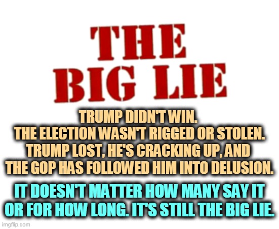 Republicans are united in insanity. | TRUMP DIDN'T WIN. 
THE ELECTION WASN'T RIGGED OR STOLEN.
TRUMP LOST, HE'S CRACKING UP, AND 
THE GOP HAS FOLLOWED HIM INTO DELUSION. IT DOESN'T MATTER HOW MANY SAY IT OR FOR HOW LONG. IT'S STILL THE BIG LIE. | image tagged in big,lie,trump,insane,republican,sheep | made w/ Imgflip meme maker