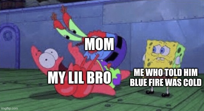 Mr. Krabs Choking Patrick | MOM; MY LIL BRO; ME WHO TOLD HIM BLUE FIRE WAS COLD | image tagged in mr krabs choking patrick | made w/ Imgflip meme maker