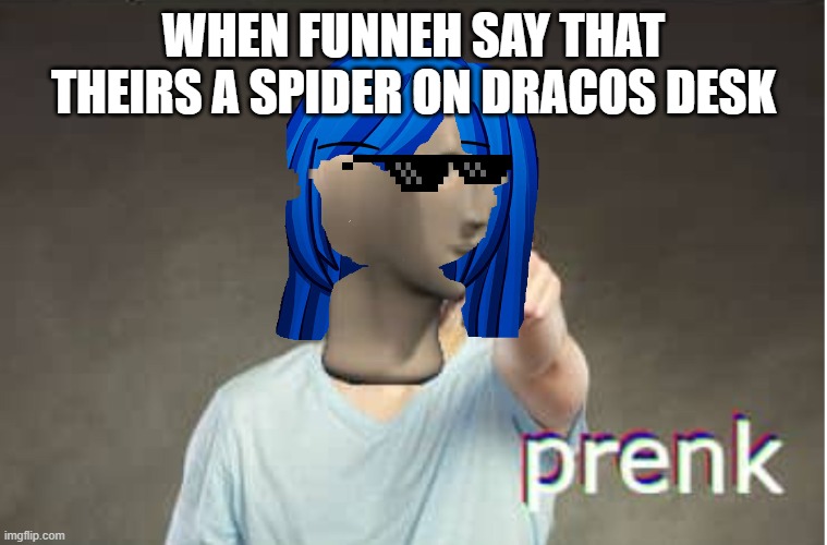 P r e n k | WHEN FUNNEH SAY THAT THEIRS A SPIDER ON DRACOS DESK | image tagged in prenk | made w/ Imgflip meme maker