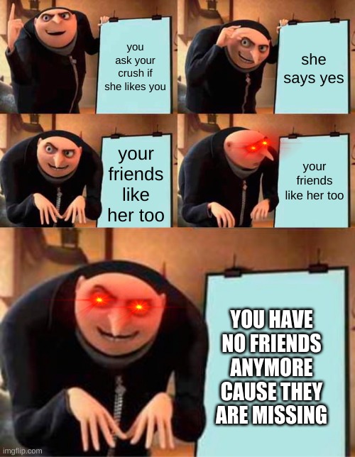 oh no | you ask your crush if she likes you; she says yes; your friends like her too; your friends like her too; YOU HAVE NO FRIENDS ANYMORE CAUSE THEY ARE MISSING | image tagged in memes,gru's plan | made w/ Imgflip meme maker