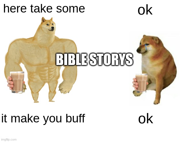 funni | here take some; ok; BIBLE STORYS; it make you buff; ok | image tagged in memes,buff doge vs cheems | made w/ Imgflip meme maker