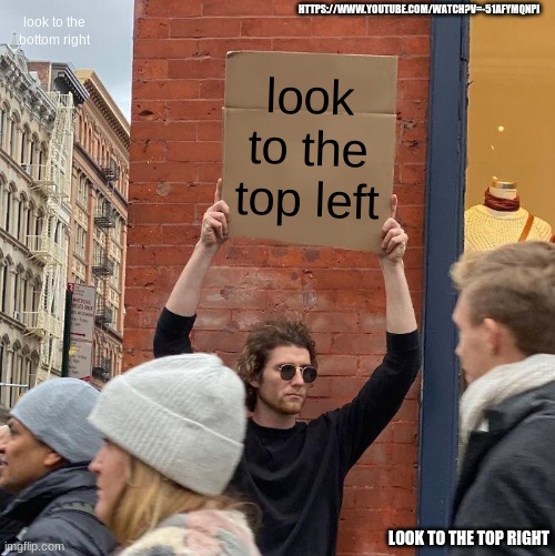 look to the top left (follow instructions) | HTTPS://WWW.YOUTUBE.COM/WATCH?V=-51AFYMQNPI; look to the bottom right; look to the top left; LOOK TO THE TOP RIGHT | image tagged in memes,guy holding cardboard sign | made w/ Imgflip meme maker