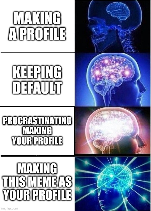 Expanding Brain | MAKING A PROFILE; KEEPING DEFAULT; PROCRASTINATING MAKING YOUR PROFILE; MAKING THIS MEME AS YOUR PROFILE | image tagged in memes,expanding brain | made w/ Imgflip meme maker