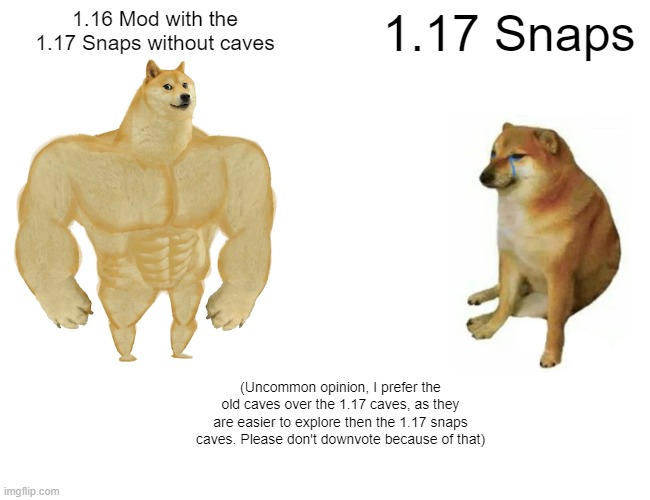 Buff Doge vs. Cheems | 1.16 Mod with the 1.17 Snaps without caves; 1.17 Snaps; (Uncommon opinion, I prefer the old caves over the 1.17 caves, as they are easier to explore then the 1.17 snaps caves. Please don't downvote because of that) | image tagged in memes,buff doge vs cheems | made w/ Imgflip meme maker