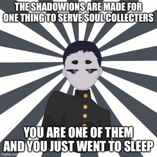 Have fun :D | THE SHADOWIONS ARE MADE FOR ONE THING TO SERVE SOUL COLLECTERS; YOU ARE ONE OF THEM AND YOU JUST WENT TO SLEEP | made w/ Imgflip meme maker