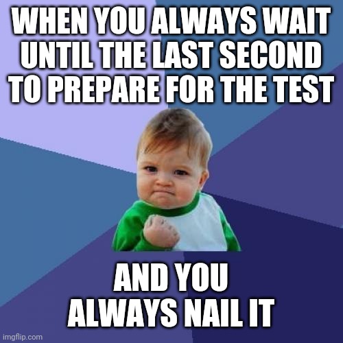 not everyone does this, so don't take this ability 4 granted | WHEN YOU ALWAYS WAIT UNTIL THE LAST SECOND TO PREPARE FOR THE TEST; AND YOU ALWAYS NAIL IT | image tagged in success kid,funny,school,test,so true memes | made w/ Imgflip meme maker