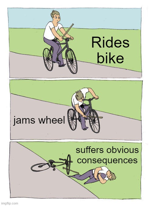 Bike Fall | Rides bike; jams wheel; suffers obvious consequences | image tagged in memes,bike fall | made w/ Imgflip meme maker