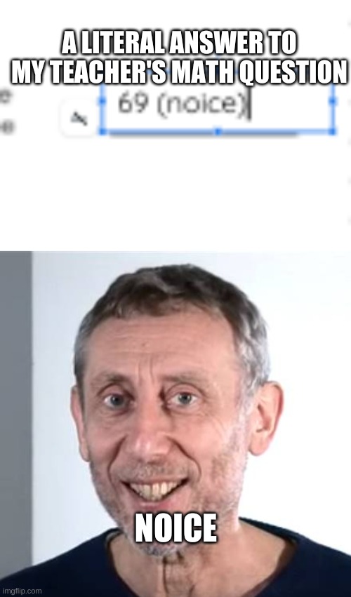 A LITERAL ANSWER TO MY TEACHER'S MATH QUESTION; NOICE | image tagged in nice michael rosen | made w/ Imgflip meme maker