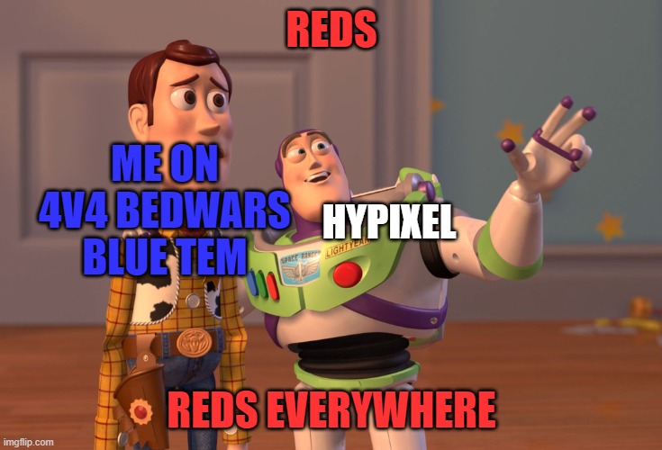 Reds everywhere | REDS; ME ON 4V4 BEDWARS BLUE TEM; HYPIXEL; REDS EVERYWHERE | image tagged in memes,x x everywhere | made w/ Imgflip meme maker