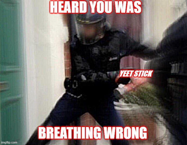 FBI Door Breach | HEARD YOU WAS; YEET STICK; BREATHING WRONG | image tagged in fbi door breach | made w/ Imgflip meme maker