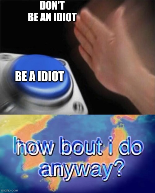 DON'T BE AN IDIOT; BE A IDIOT | image tagged in memes,blank nut button,how bout i do anyway | made w/ Imgflip meme maker