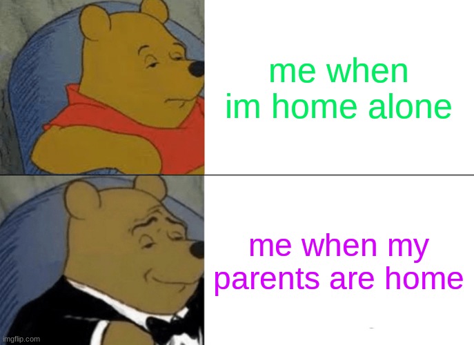 #ME | me when im home alone; me when my parents are home | image tagged in memes,tuxedo winnie the pooh | made w/ Imgflip meme maker