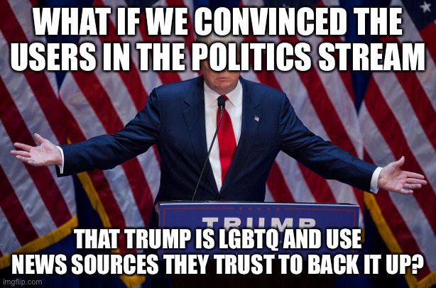 Donald Trump | WHAT IF WE CONVINCED THE USERS IN THE POLITICS STREAM; THAT TRUMP IS LGBTQ AND USE NEWS SOURCES THEY TRUST TO BACK IT UP? | image tagged in donald trump | made w/ Imgflip meme maker