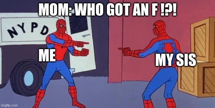 definitely not me◑︿◐ |  MOM: WHO GOT AN F !?! ME; MY SIS | image tagged in spider man double | made w/ Imgflip meme maker
