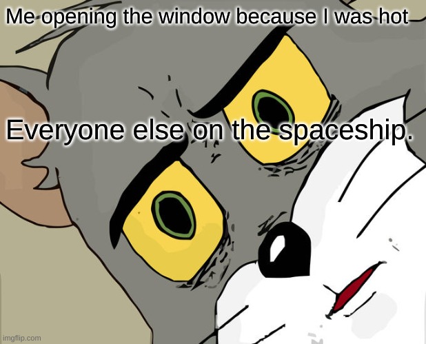 Saw this meme somewhere | Me opening the window because I was hot; Everyone else on the spaceship. | image tagged in memes,unsettled tom | made w/ Imgflip meme maker